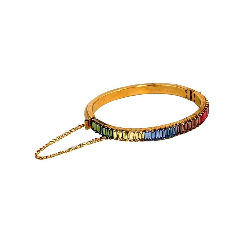 Vintage 1960s Clamper Bracelet Multicolor Rhinestone Gold Tone - 15D